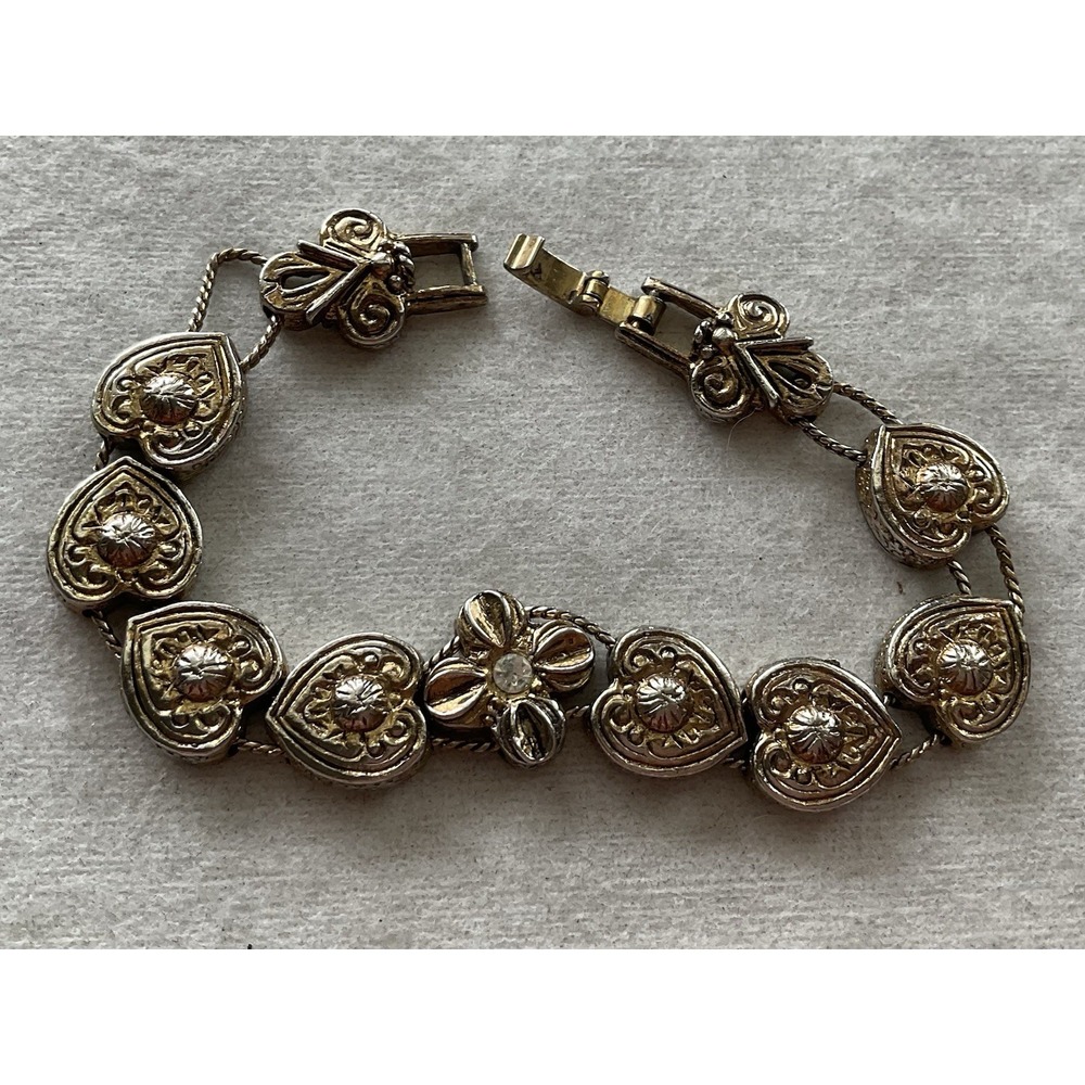 Vintage Gold Tone Heart Slide Charm Bracelet Estate Jewelry